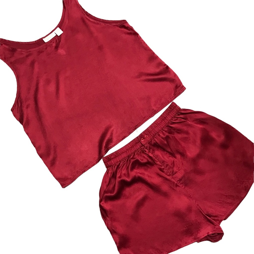 Victoria’s Secret Silk Pajama Set Tank Top Shorts Red Silk Loungewear Gold Label